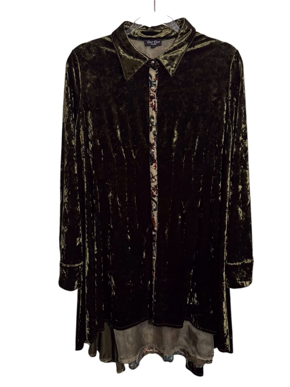 Dor Dor Couture Large Green Velvet Floral Button Up Top Boho Burnout Western